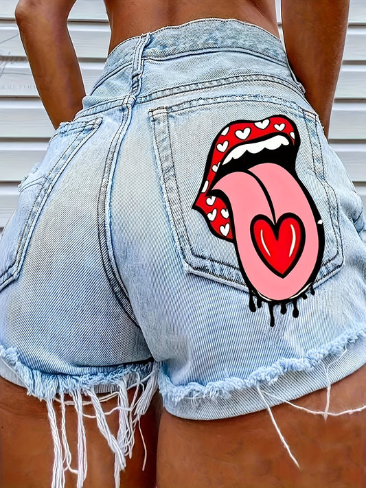 High-Waisted Denim Shorts for Women - Fashion-Forward Loose Fit with Bold Tongue Lips Print, Distressed Frayed Hem, Chic Single-Breasted Design, Effortlessly Stylish Casual Wear in Premium Jean Fabric