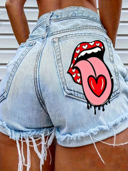 High-Waisted Denim Shorts for Women - Fashion-Forward Loose Fit with Bold Tongue Lips Print, Distressed Frayed Hem, Chic Single-Breasted Design, Effortlessly Stylish Casual Wear in Premium Jean Fabric