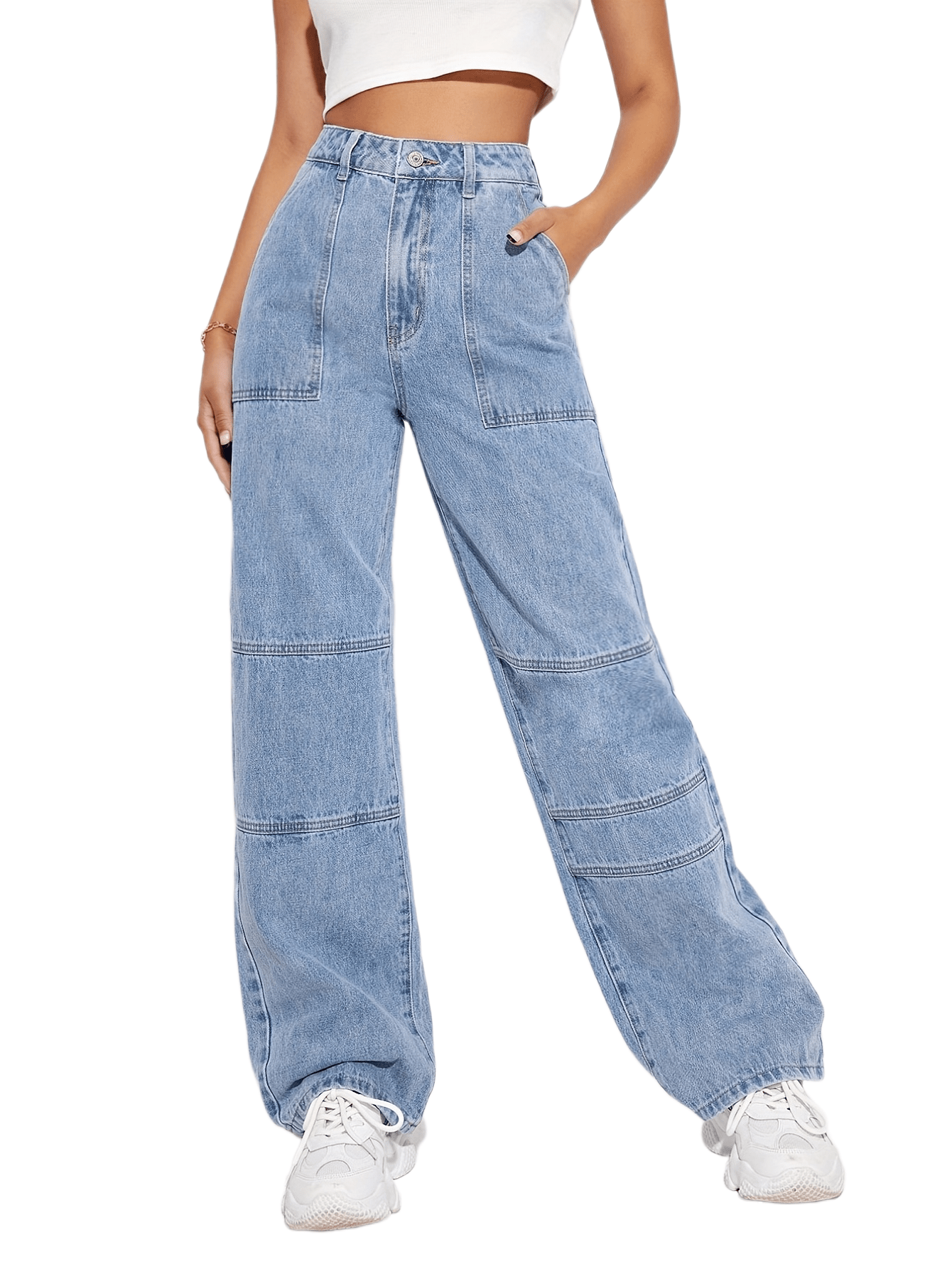 「lovevop」Blue Loose Fit Straight Jeans, Slash Pockets Non-Stretch Baggy Denim Pants, Women's Denim Jeans & Clothing