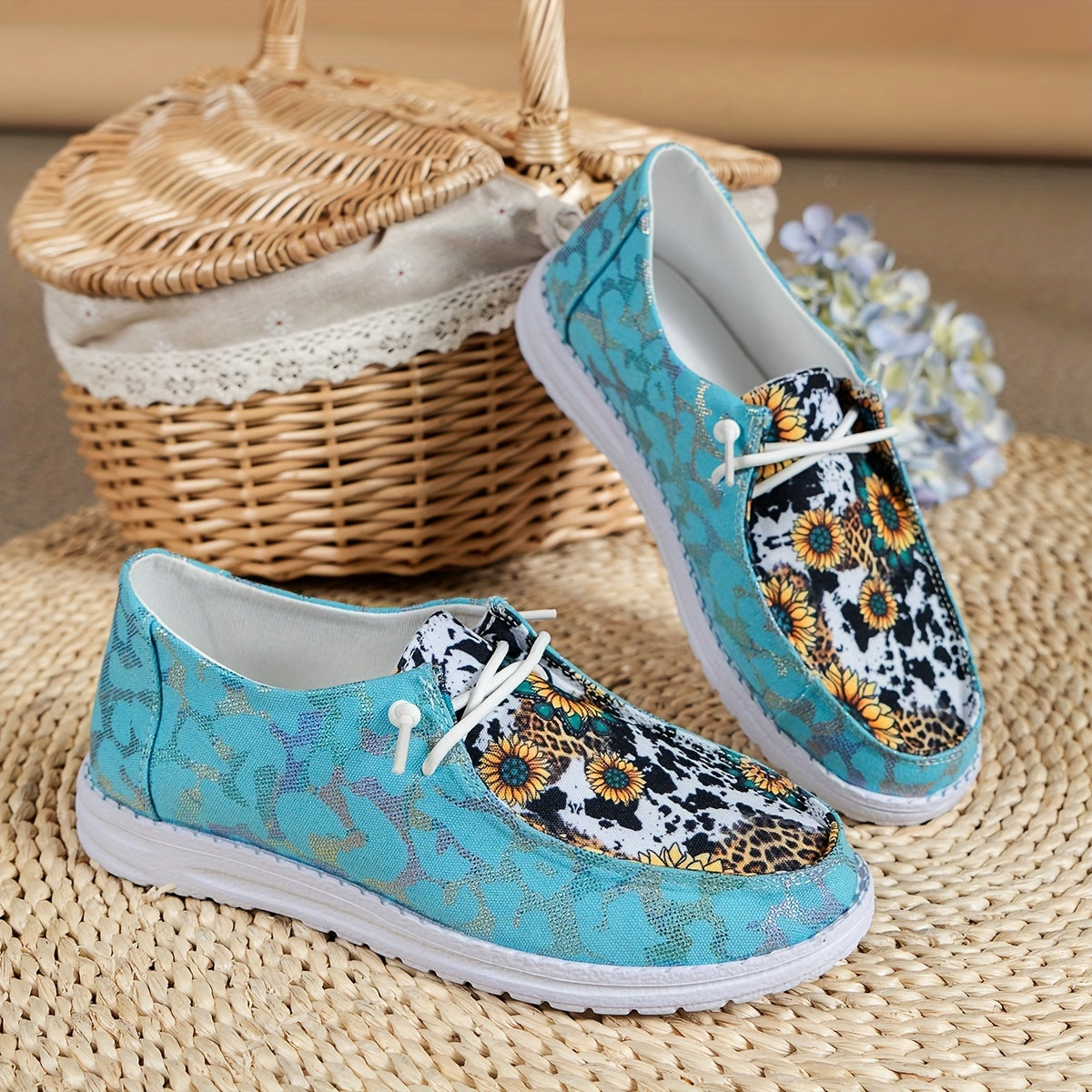 「lovevop」Women's Stylish Sunflower & Cow Print Canvas Shoes - Lightweight & Comfortable Slip Ons!