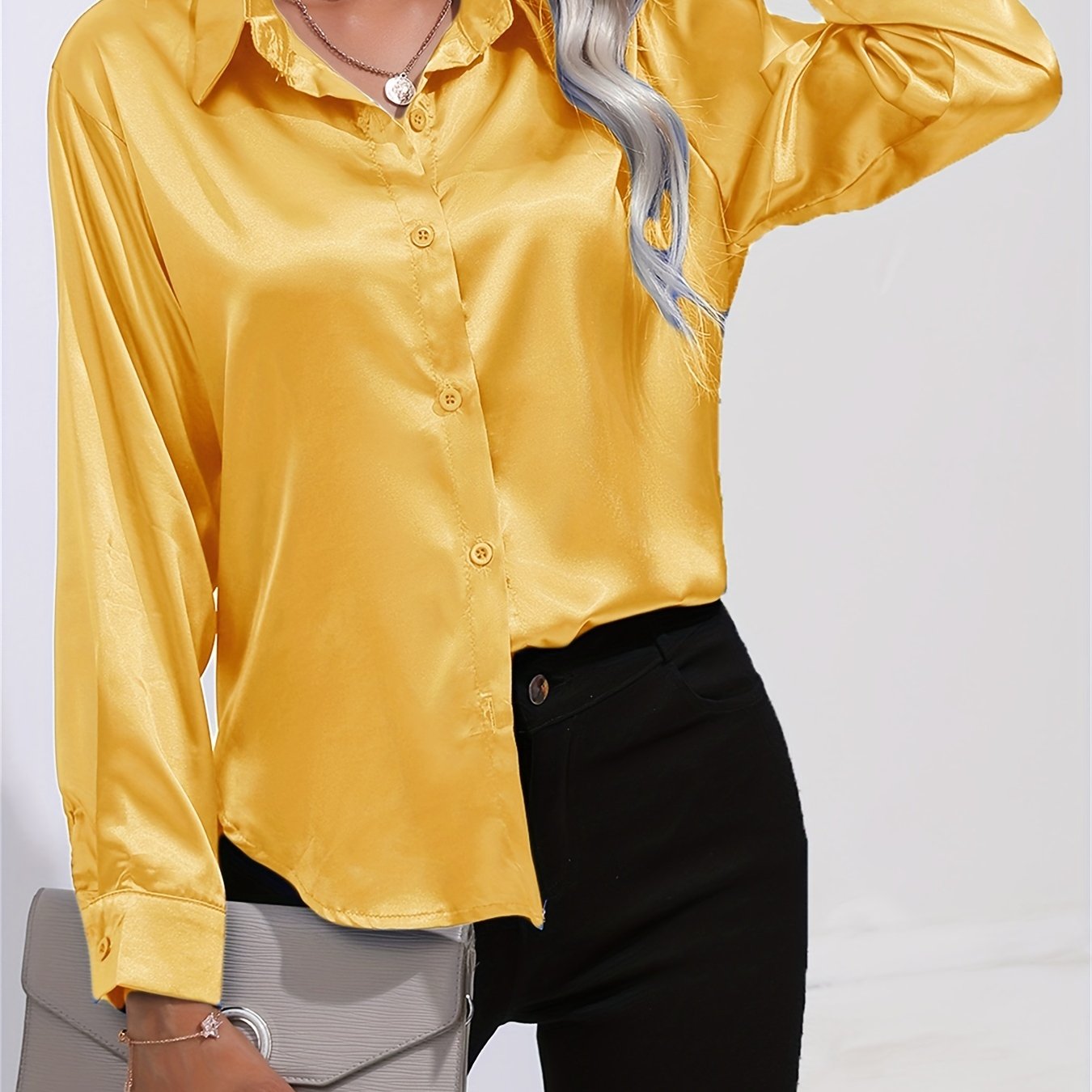 「lovevop」Solid Smoothly Shirt, Elegant Button Front Turn Down Collar Long Sleeve Shirt, Women's Clothing