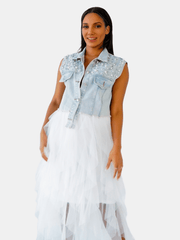 Lovevop-Pearl Shoulder Deco Raw Hem Flap Pockets Cropped Length Light Blue Color Denim Vest, Coquette Aesthetic Fairy Core Style Women's Denim Jackets & Coats