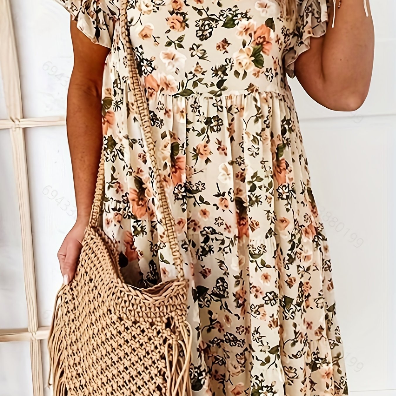 「lovevop」Floral Print Ruffle Dress, Boho Flared Sleeve Round Neck Loose Beach Spring & Summer Vocation Dresses, Women's Clothing