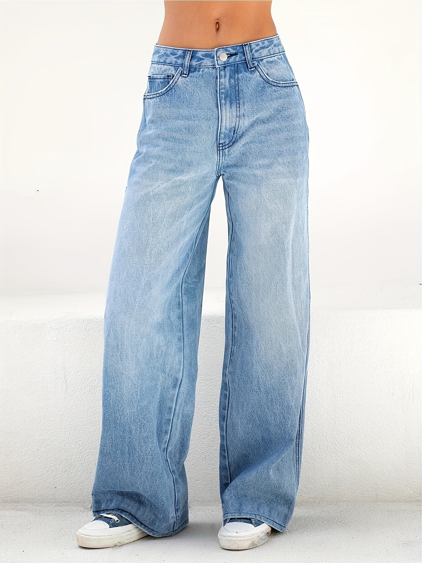 「lovevop」Blue Loose Fit Wide Leg Jeans, High Waist Slash Pockets High Rise Straight Jeans, Women's Denim Jeans & Clothing