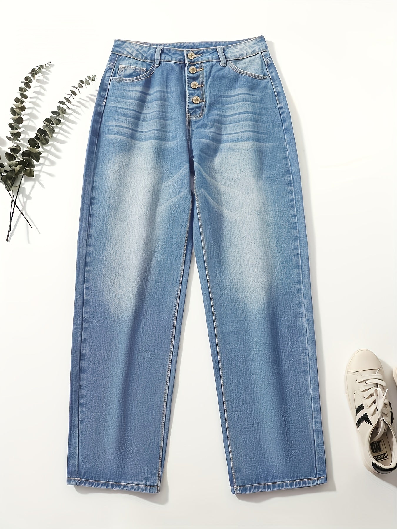 「lovevop」Blue Loose Fit Straight Jeans, Slash Pockets Single-Breasted Button Versatile Denim Pants, Women's Denim Jeans & Clothing