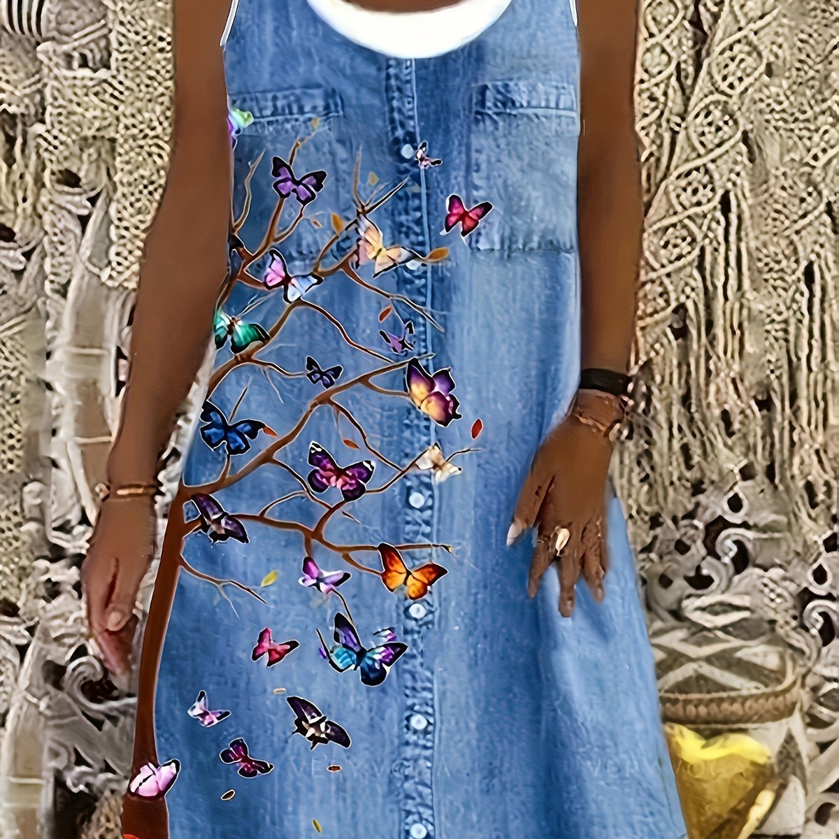 「lovevop」Denim & Butterfly Print Dress, Casual Sleeveless Dress For Spring & Summer, Women's Clothing