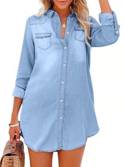 Lovevop-Long Sleeve Denim Shirt Dresses, Casual Light Blue Lapel Button-Down Flap Pockets Denim Dresses, Women's Denim Clothing