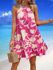 「lovevop」Floral Print Tie Back Dress, Vacation Sleeveless Ruffle Hem Dress, Women's Clothing