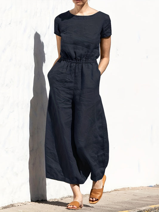 「lovevop」Solid Wide Leg Jumpsuit, Casual Crew Neck Short Sleeve Summer Jumpsuit, Women's Clothing