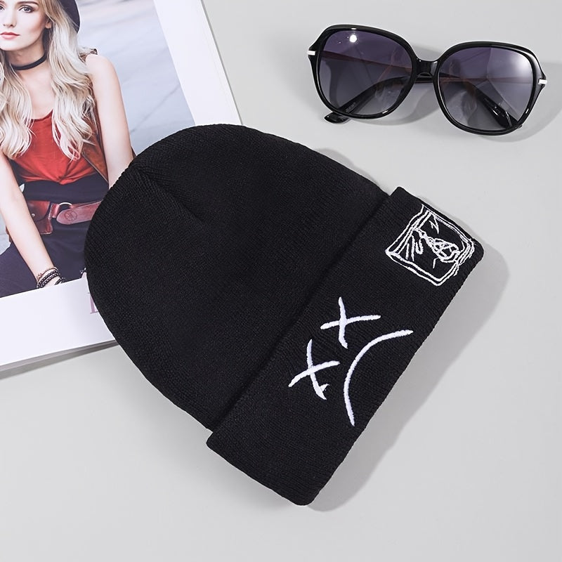 Trendy Sad Face Embroidery Graphic Beanie - Skullies & Beanies with Cuffed Design, Black & White Knit, Hip Hop Style, Casual Wear for Women and Men - Fashionable Winter Accessories