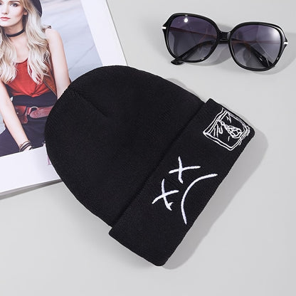Trendy Sad Face Embroidery Graphic Beanie - Skullies & Beanies with Cuffed Design, Black & White Knit, Hip Hop Style, Casual Wear for Women and Men - Fashionable Winter Accessories