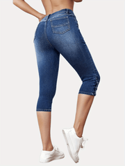 「lovevop」Blue Slim Fit Skinny Jeans, Slight-Stretch Slash Pockets Versatile High Waist Denim Pants, Women's Denim Jeans & Clothing