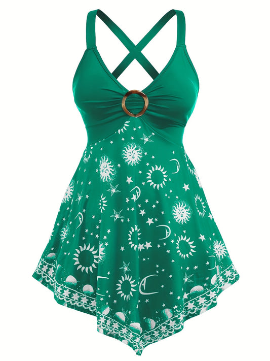 「lovevop」Sun & Moon Print Cross V-neck Tank Top, Casual Fashion Sleeveless Loose Fit Tank Top, Women's Clothing