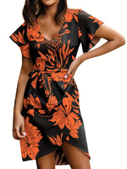 「lovevop」Plants Print V Neck Dress, Casual Short Sleeve Asymmetrical Hem Tie Waist Dress, Women's Clothing