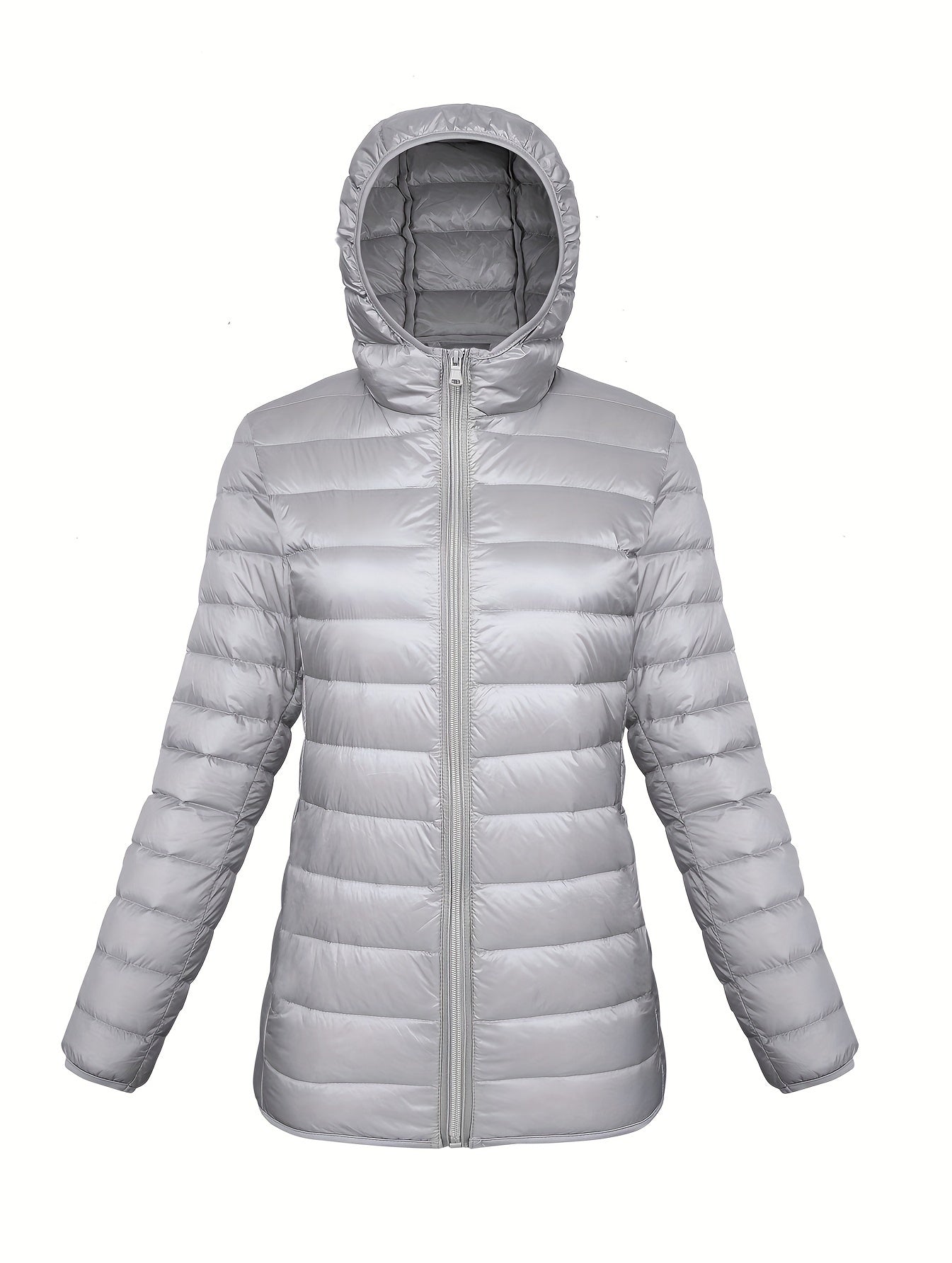Women's Casual Hooded Puffer Jacket - Long Sleeve, Winter Warmth, Nylon Outdoor Down Coat with Zip-Up Front