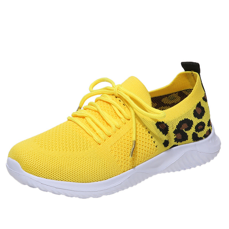 「lovevop」Women's Casual Sneakers, Flying Woven Leopard Pattern Breathable Lace-up Running Shoes, Women's Footwear