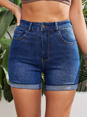 「lovevop」Blue Rolled Hem Denim Shorts, Slash Pockets High-Stretch Casual Short Denim Pants, Women's Denim Jeans & Clothing