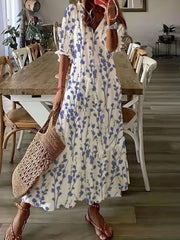 「lovevop」Ikat Print Drawstring Dress, Boho Ruffle Trim V Neck Half Sleeve Summer Dress, Women's Clothing