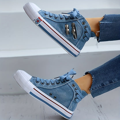 「lovevop」Women's Denim High Top Sneakers, Fashion Skull Zipper Decor Lace Up Shoes, Casual Walking Shoes