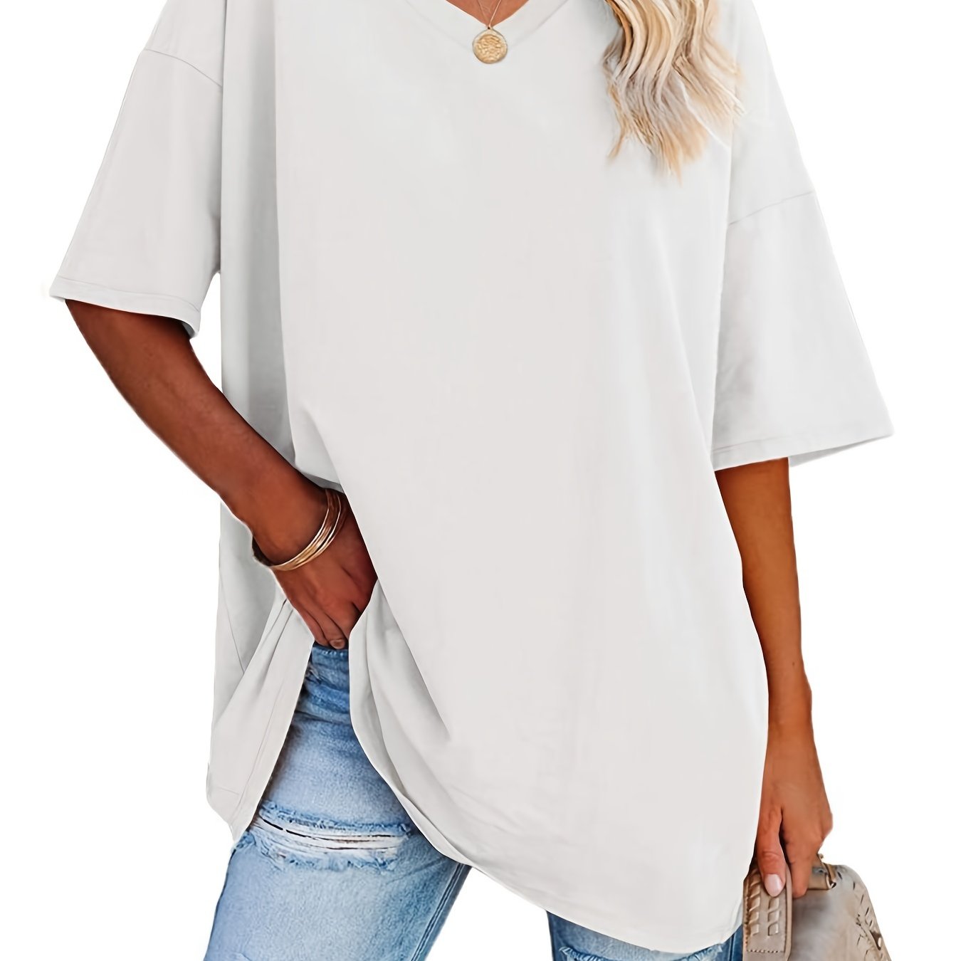 「lovevop」Basic Loose Solid T-Shirts, Casual Short Sleeve V-Neck T-Shirts, Casual Every Day Tops, Women's Clothing