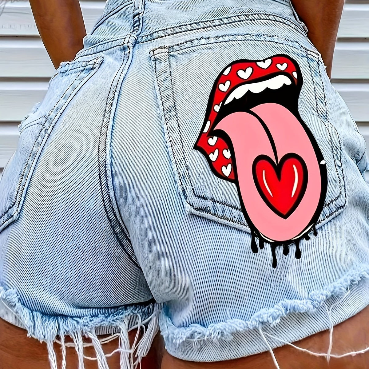 High-Waisted Denim Shorts for Women - Fashion-Forward Loose Fit with Bold Tongue Lips Print, Distressed Frayed Hem, Chic Single-Breasted Design, Effortlessly Stylish Casual Wear in Premium Jean Fabric