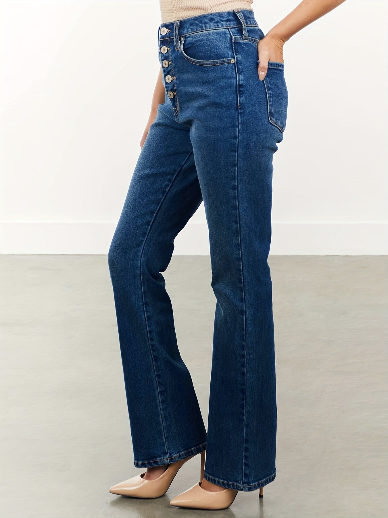 「lovevop」Single-breasted Mid Rise Bootcut Jeans, Whiskering High Strech Bell Bottoms Denim Pants, Elegant Pants For Every Day, Women's Denim Jeans & Clothing