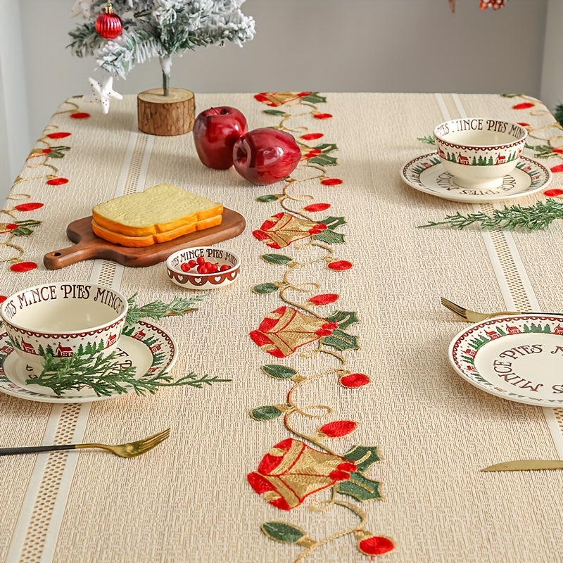 1pc, Polyester Tablecloth, Merry Christmas Table Cover, Red Bell Pattern Table Cover, Hollow Design Christmas Atmospheric Table Decor, Holiday Desktop Decoration Fabric Table Cloth, Home Decoration, Christmas Decor, Gift