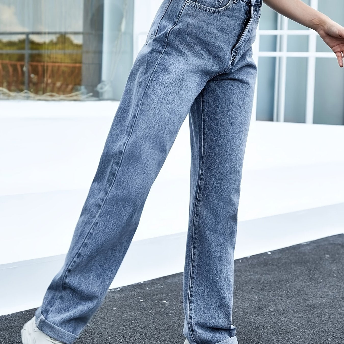 「lovevop」Blue High Waist Straight Jeans, Loose Fit High Rise Slash Pockets Extra Long Denim Pants, Women's Denim Jeans & Clothing