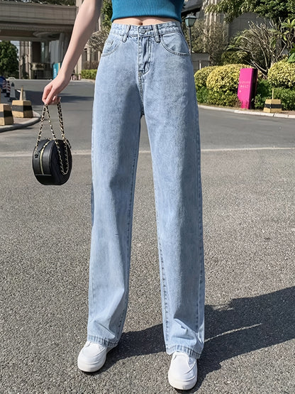 「lovevop」Blue High Waist Straight Jeans, Loose Fit High Rise Slash Pockets Non-Stretch Denim Pants, Women's Denim Jeans & Clothing