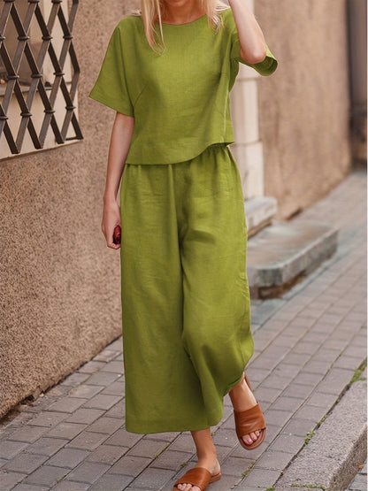 「lovevop」Women's Two-piece Set, Crew Neck Casual T-Shirt & Wide Leg Pants, Women's Clothing