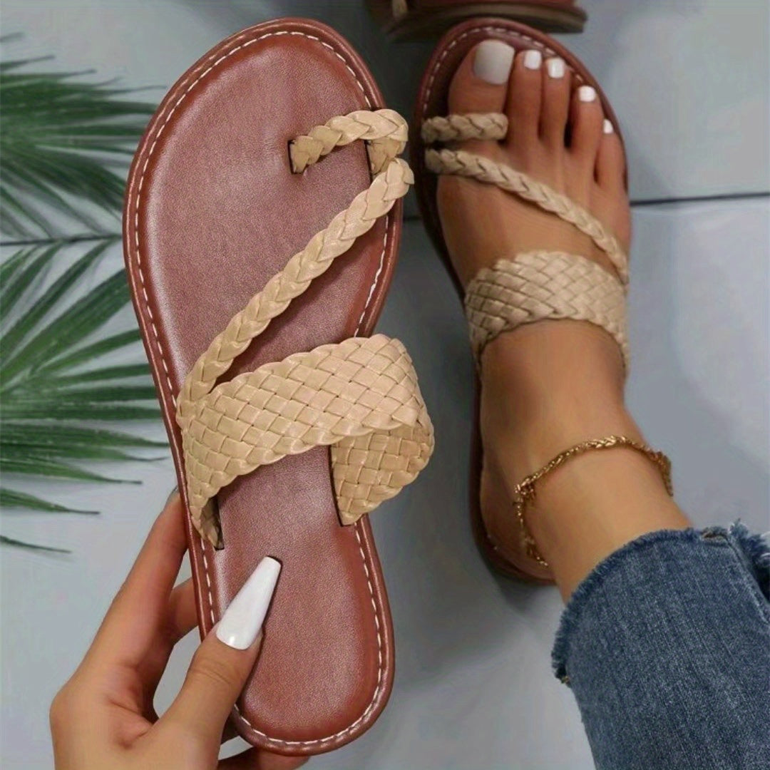 「lovevop」Women's Braided Flat Sandals, Solid Color Toe Loop Non Slip Slides Shoes, Outdoor Beach Slippers