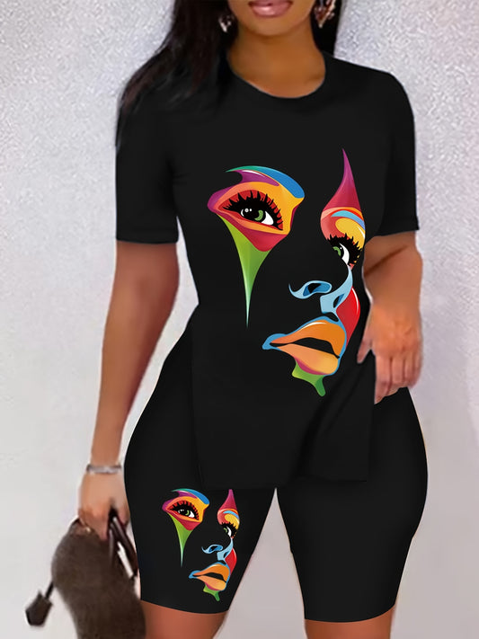 「lovevop」Graphic Print Two-piece Set For Spring & Summer, Short Sleeve Crew Neck Side Split Casual T-Shirt & Shorts For Spring & Summer, Women's Clothing