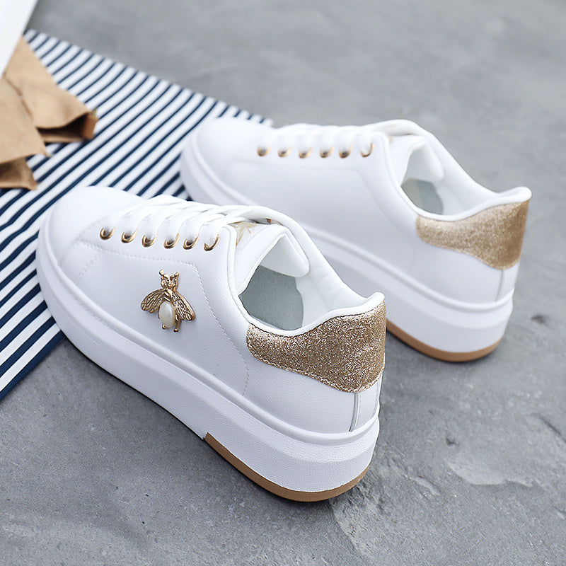 「lovevop」Small White Shoes, Women's 2022 Autumn New All-match Thick-soled Bee Decor Casual Skate Shoes