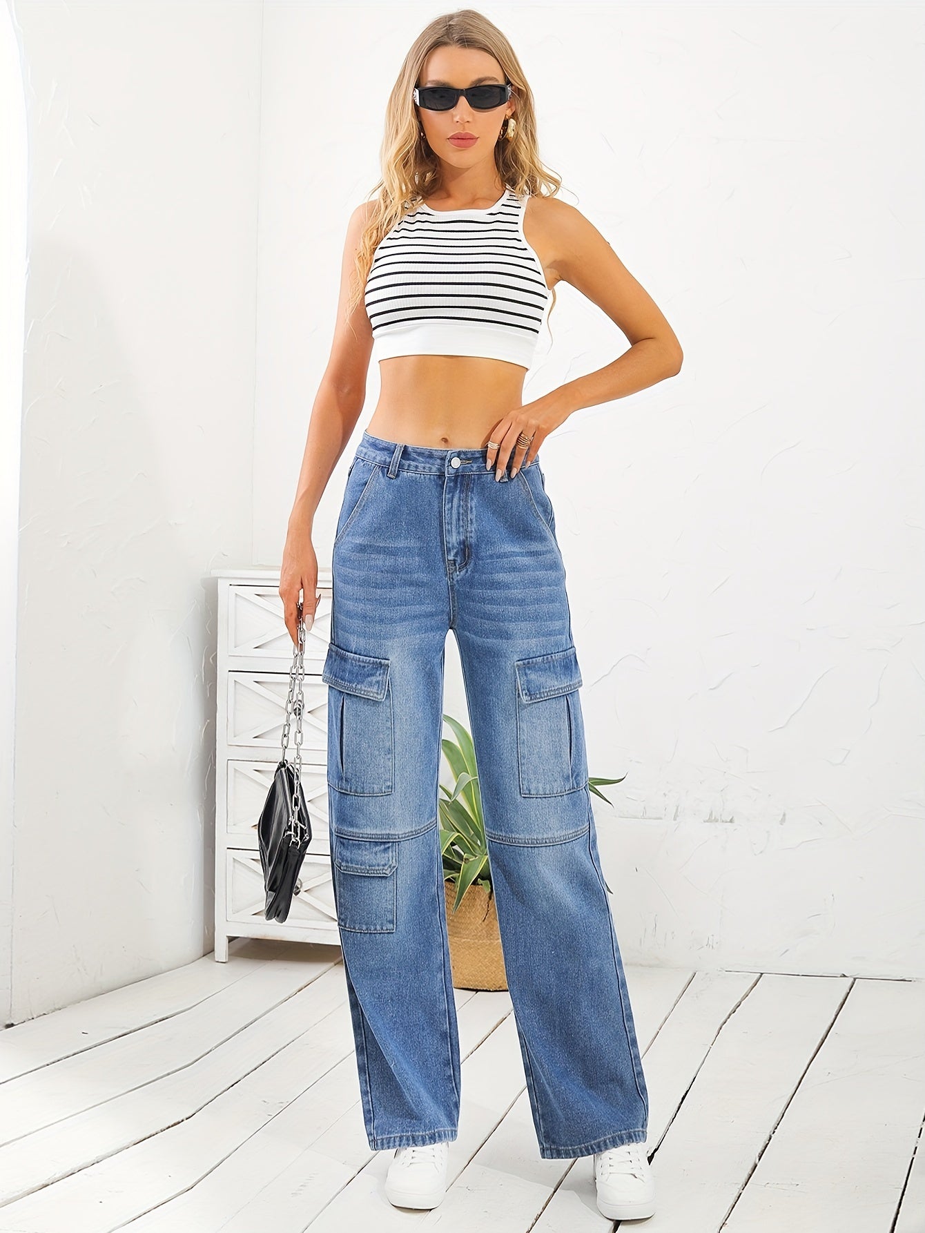 「lovevop」Flap Cargo Pocket Whiskering Denim Pants, Water Ripple Embossed Crotch Loose Straight Leg Jeans, Causal Pants For Every Day, Women's Denim Jeans & Clothing