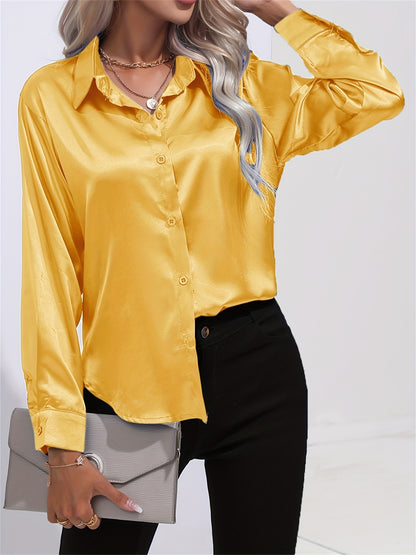 「lovevop」Solid Smoothly Shirt, Elegant Button Front Turn Down Collar Long Sleeve Shirt, Women's Clothing