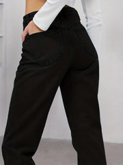 「lovevop」Black Raw Hem Straight Jeans, Non-Stretch Loose Fit Slash Pockets Denim Pants, Women's Denim Jeans & Clothing