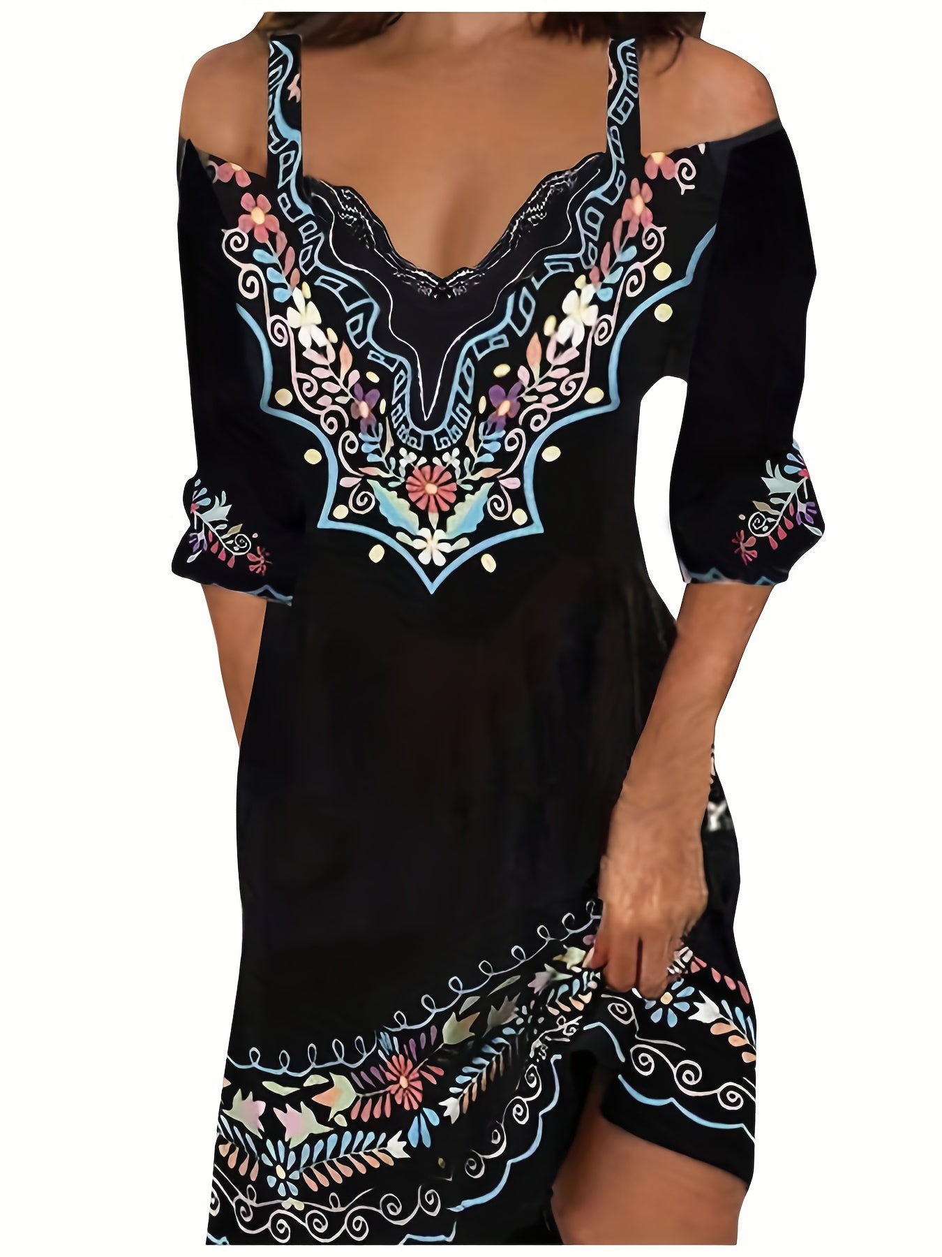 「lovevop」Ethnic Print Off Shoulder Dress, Boho V Neck Half Sleeve Cami Dress, Women's Clothing