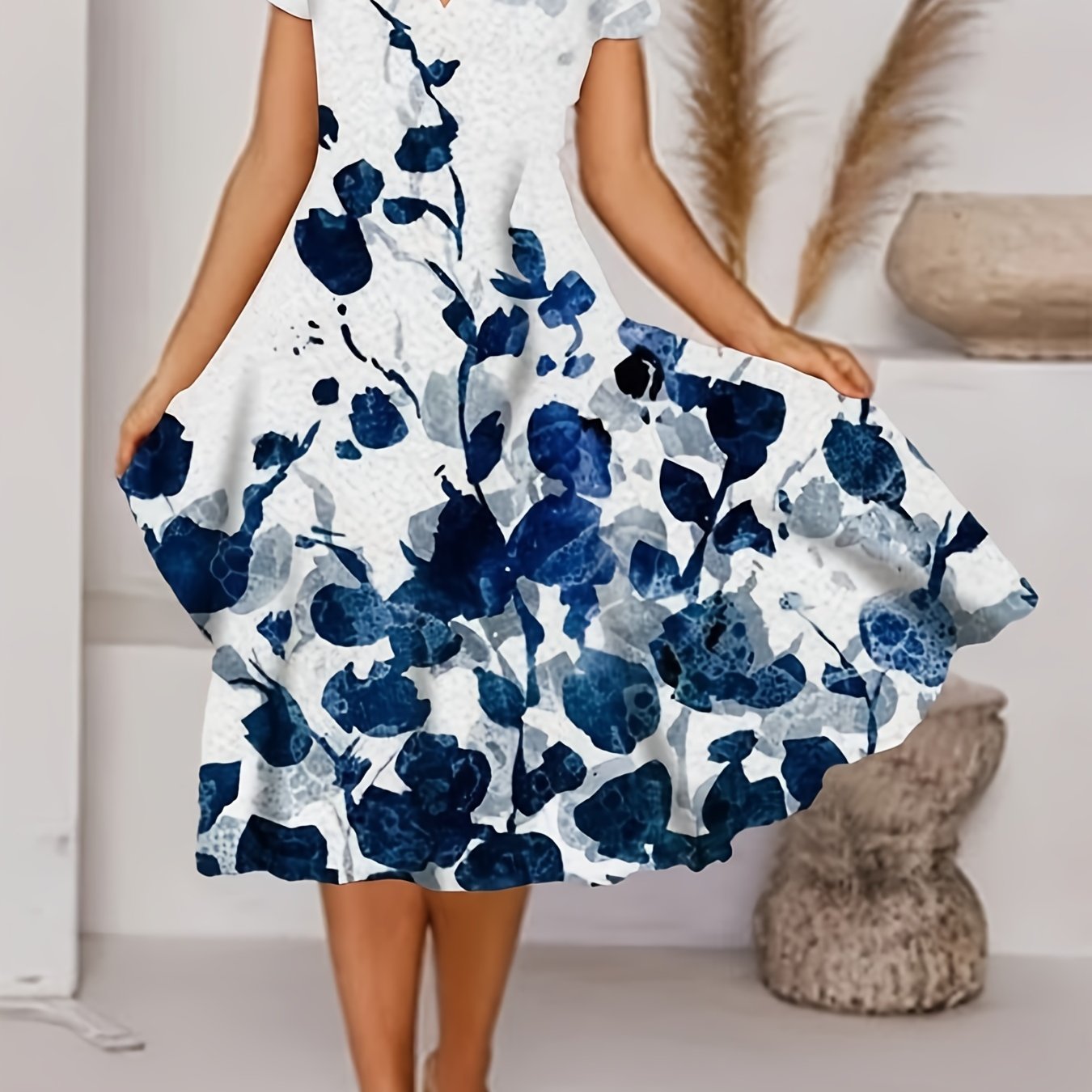 「lovevop」Floral Print A Line Dress, Casual V Neck Short Sleeve Midi Dress, Women's Clothing