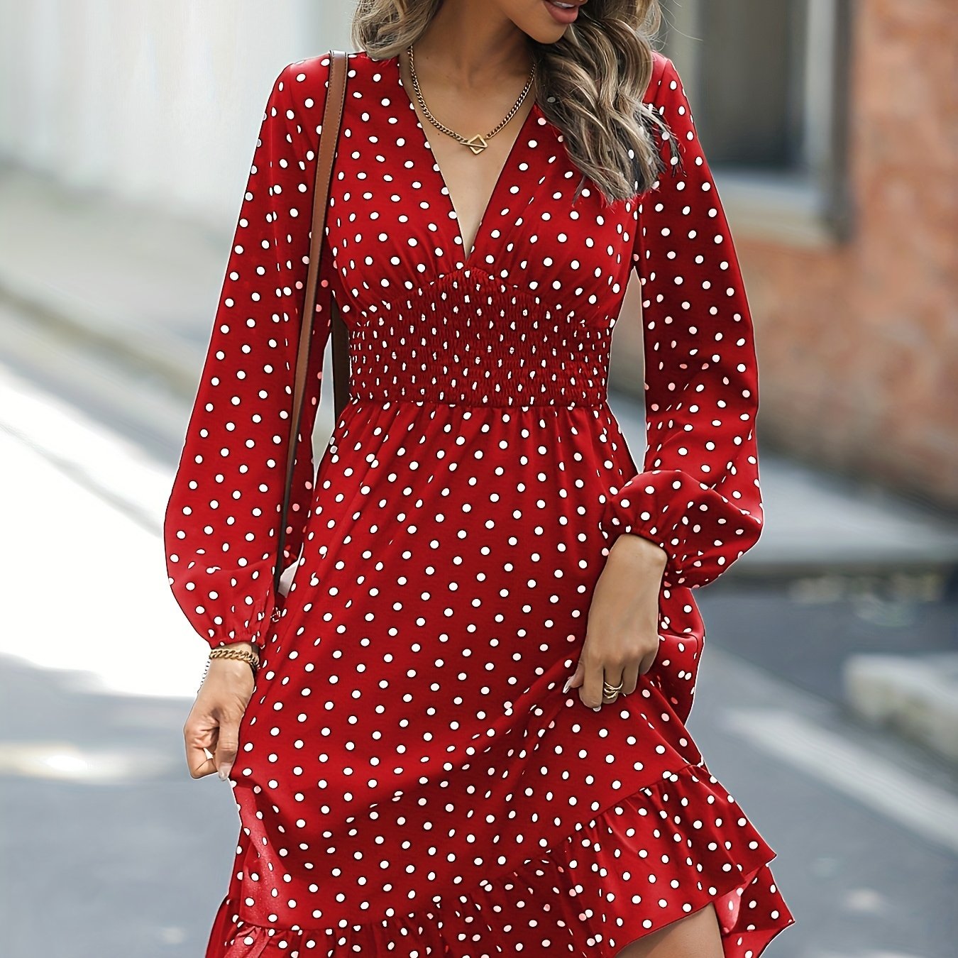 「lovevop」Retro V-neck Ruffle Dress, Polka Dot Print Long Sleeve Waist Loose Summer Dresses, Women's Clothing