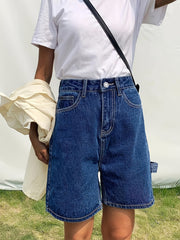 「lovevop」Navy Blue Casual Denim Shorts, Slash Pockets Straight Legs Non-Stretch Short Denim Pants, Women's Denim Jeans & Clothing