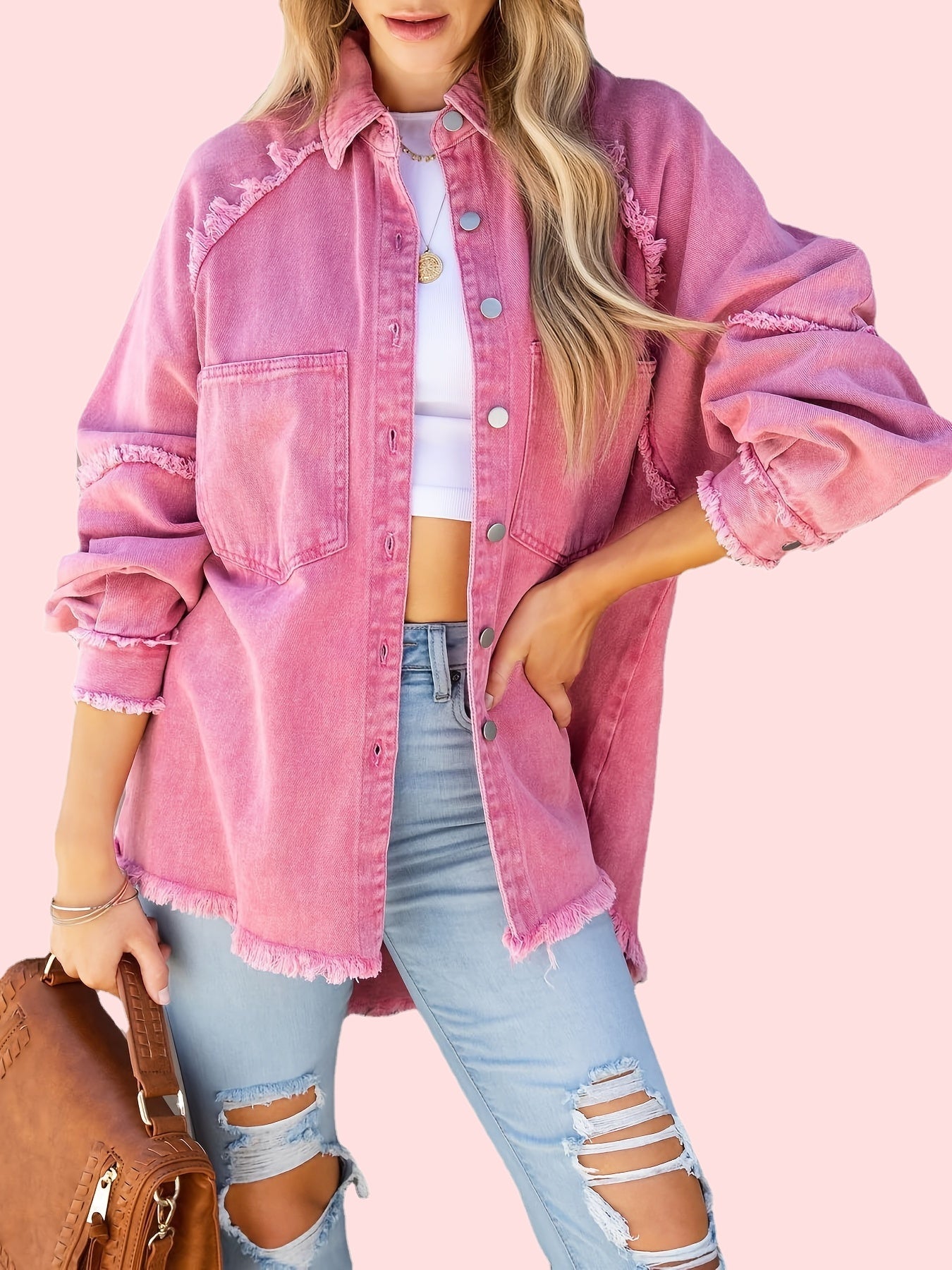 Lovevop-Pink Raw Hem Ripped Denim Jackets, Oversized Distressed Long Sleeve Frayed Fringe Denim Coats, Women's Denim Jackets & Clothing