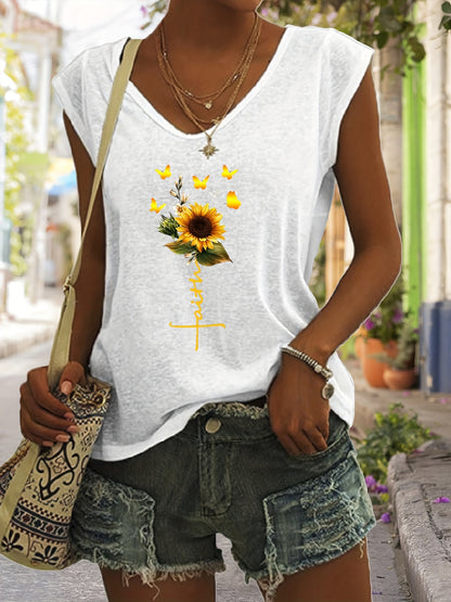 「lovevop」Sunflower Print Tank Top, Sleeveless Casual Top For Spring & Summer, Women's Clothing