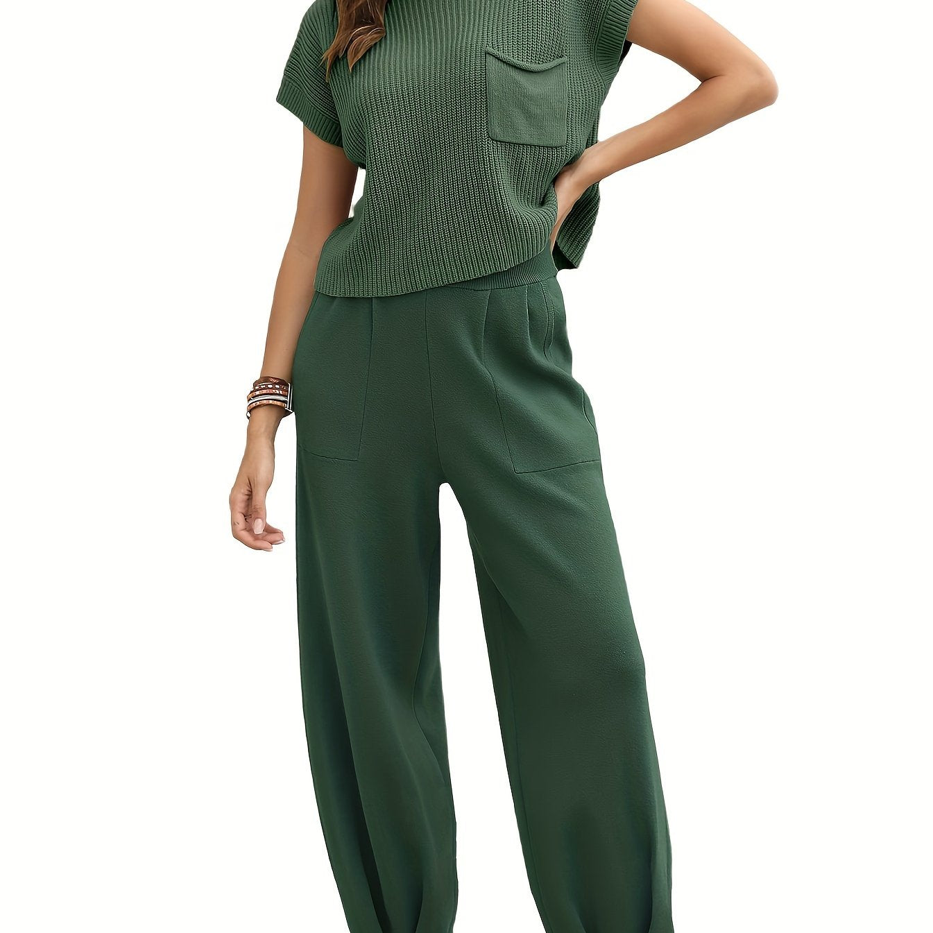 Two-Piece Jogger Pants Set - Soft, Elegant, Short Sleeve Pocket Knit Top & Loose Fit Pants Outfit - Comfortable, Versatile, and Chic Women's Clothing for Everyday Wear