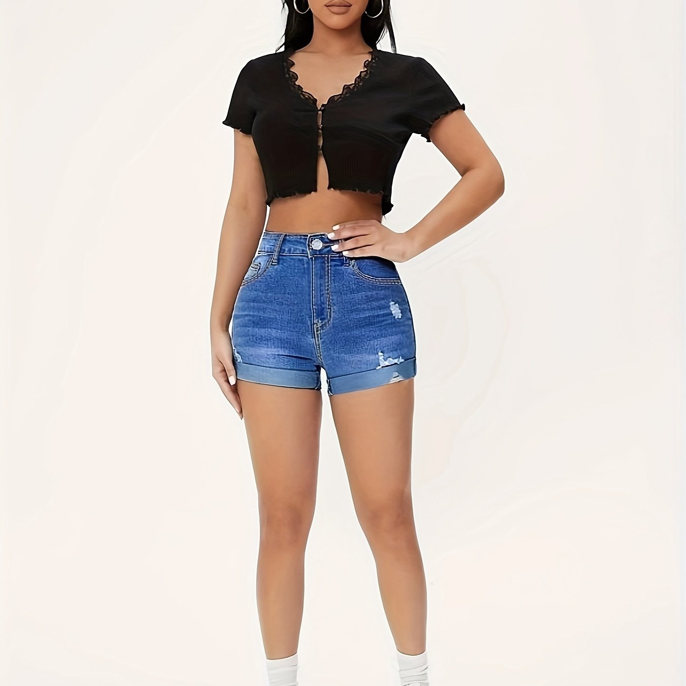 High Waist Stretchable Solid Color Denim Shorts - Ripped Roll Up Hem, Casual Slim Fit, Machine Washable, Summer Fashion Must-Haves with High Elasticity and Comfortable Wear - Womens Summer Essential