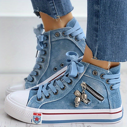 「lovevop」Women's Denim High Top Sneakers, Fashion Skull Zipper Decor Lace Up Shoes, Casual Walking Shoes