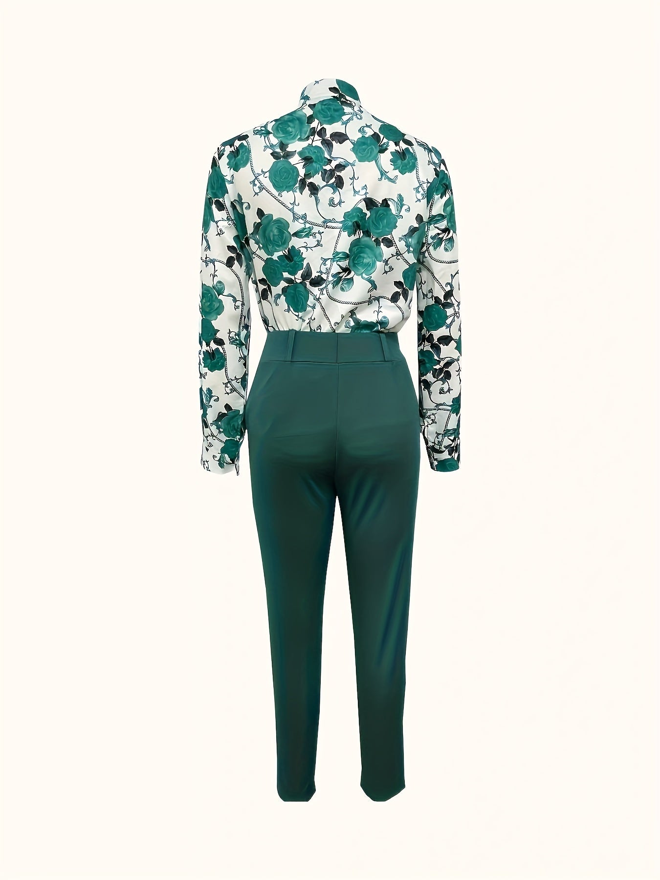 Two-Piece Elegant Outfit Set - Floral Print V-Neck Long Sleeve Blouse with Micro Elasticity and Solid Belted Tapered Pants - Polyester Knit Fabric, Random Printing, All Seasons, No Sheer