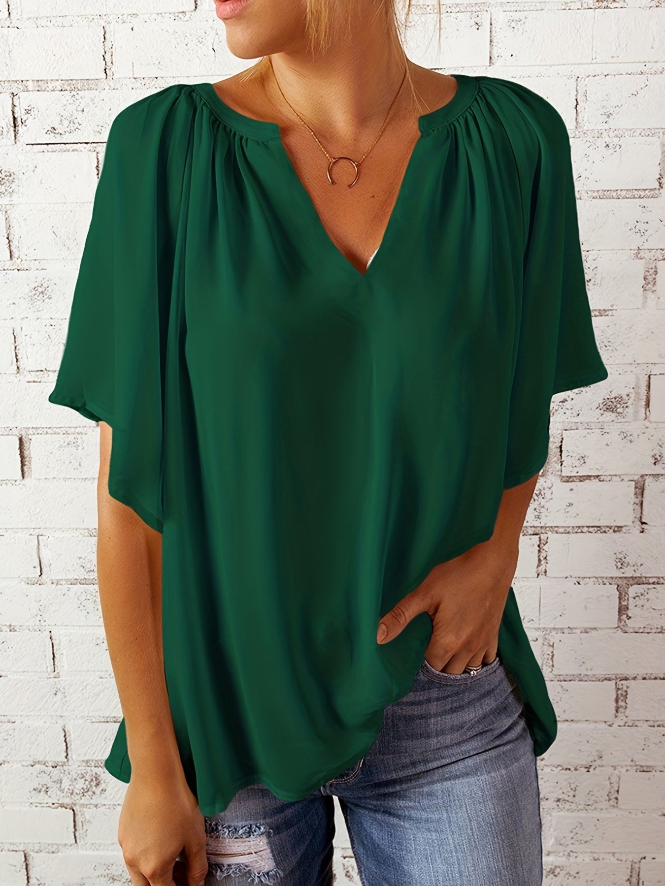 「lovevop」Notched Neck Loose Blouse, Casual Top For Summer & Spring, Women's Clothing