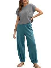 Two-Piece Jogger Pants Set - Soft, Elegant, Short Sleeve Pocket Knit Top & Loose Fit Pants Outfit - Comfortable, Versatile, and Chic Women's Clothing for Everyday Wear