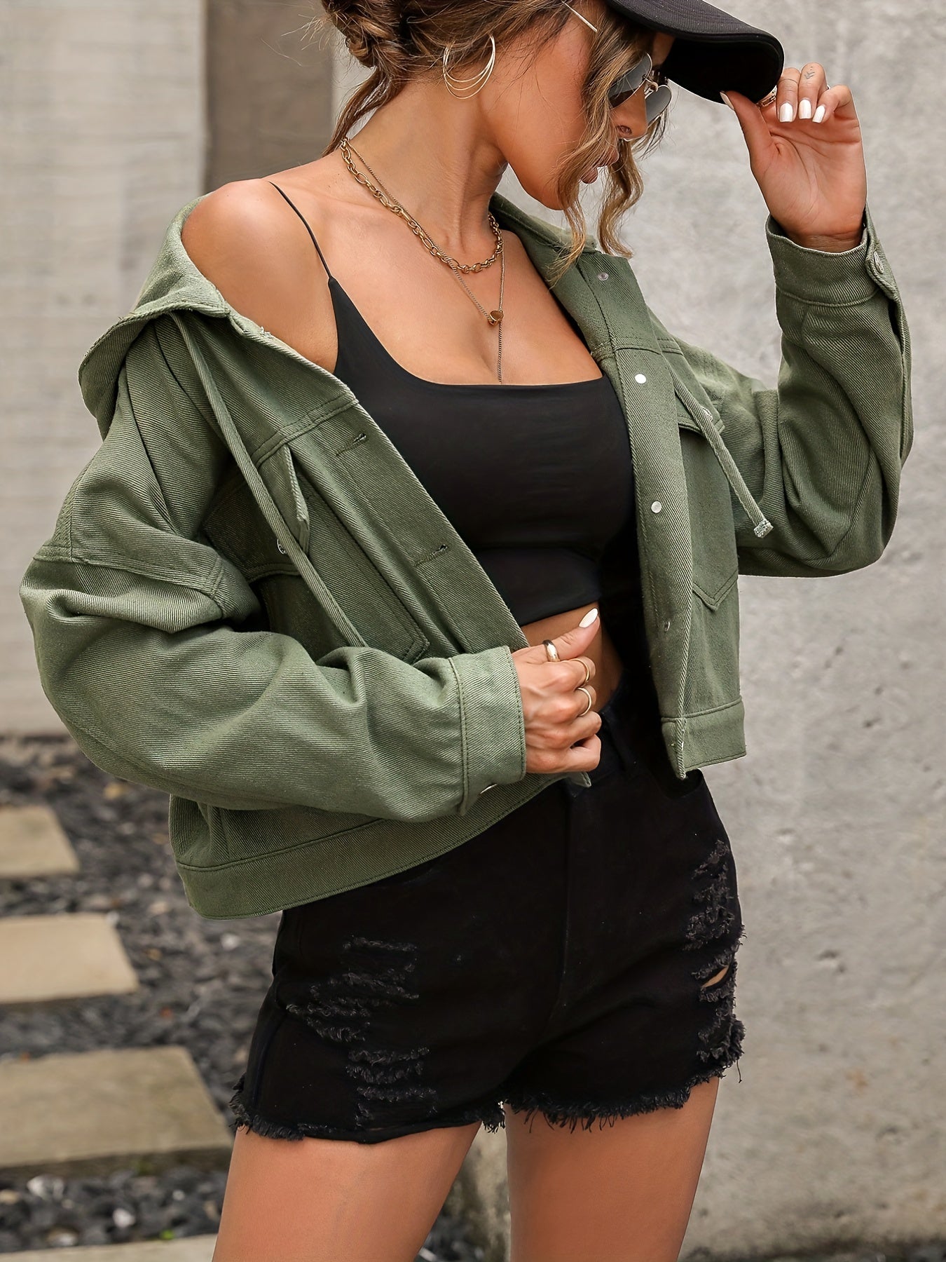 Lovevop-Army Green Hooded Denim Coats, Single-Breasted Button Long Sleeves Flap Pockets Denim Jackets, Women's Denim Clothing