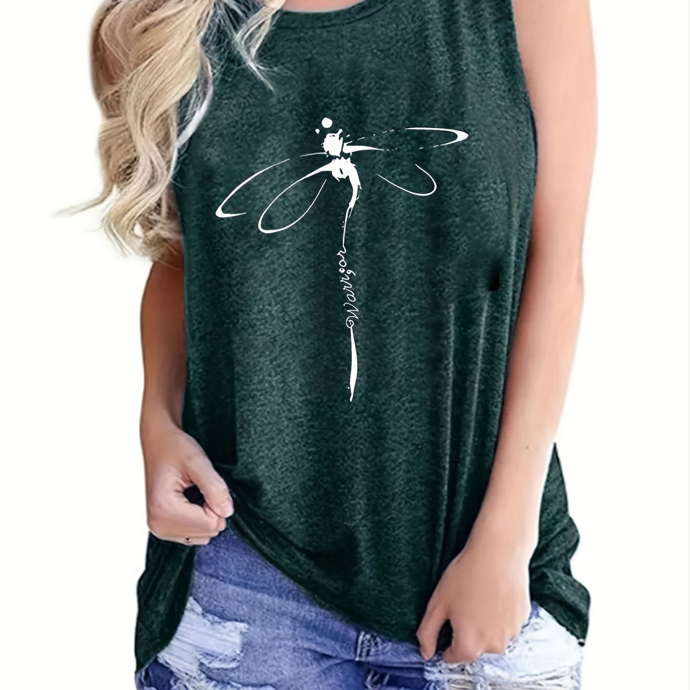 「lovevop」Dragonfly Print Tank Top, Casual Crew Neck Sleeveless Summer Tank Top, Women's Clothing